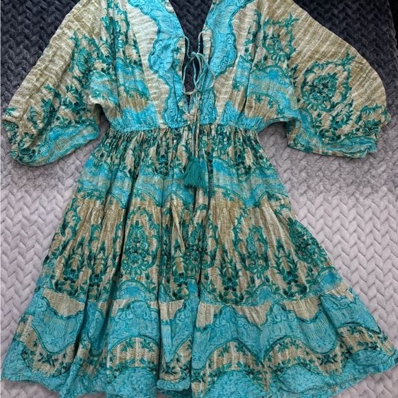 Antica Sartoria Boho Dress Aqua Green OS Bell Sleeve Beach Resort Travel - Picture 3 of 14